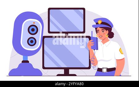 Weiblicher Sicherheitsbeamter. Mädchen in Uniform mit Walkie-Talkie in der Nähe von Computern und Kameras. Sicherheit und Sicherheit der Anlage. Bodyguard-Überwachung. Flach Stock Vektor
