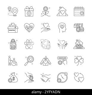 Symbole für wohltätige Organisationen festgelegt. Blume und Geschenkschachtel mit Herz. Großzügigkeit und Wohltätigkeit, Freiwilligenarbeit. Spendenbox und Planet, Kleidung. Linearer Vektor Stock Vektor