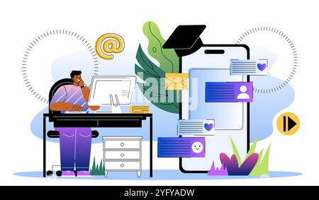 Menschen erstellen Social-Media-Inhalte. Ein junger Kerl hinter dem Computerbildschirm wird artikel schicken. Blogger und Influencer erstellen Beiträge für soziale Netzwerke. Flach Stock Vektor