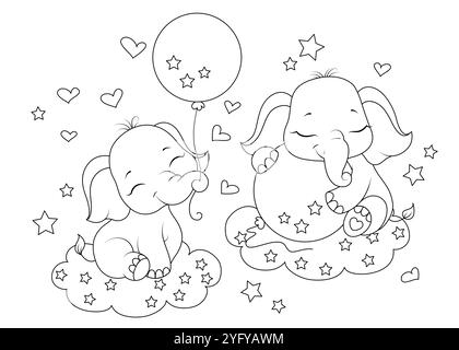 Ausmalseite für Elefanten. Silhouette von Mutter und Baby-Elefanten mit Luftballons. Minimalistische Kreativität und Kunst. Entwicklung der Kinderkreativen Stock Vektor