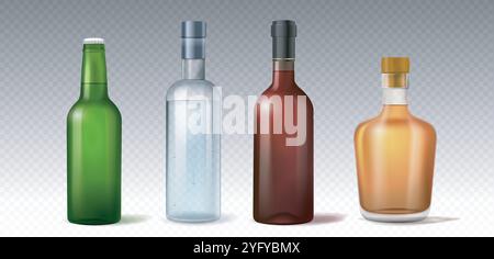 Realistisches Alkoholflaschenset. Grüne, braune und gelbe Flaschen mit Bier. Alkoholische Getränke und Getränke. Bar oder Pub. Brandy und Likör. 3D-Vektor Stock Vektor
