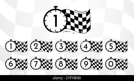 Rennstoppuhr-Set. Timer und Timer-Countdown. Minuten-, Sekunden- und Stundenmessungen. Schnittstelle für Videospiele und Arcade. Kollektion flacher Vektoren Stock Vektor