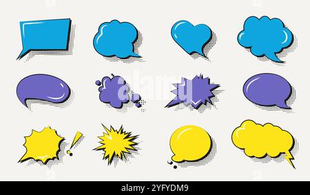Sprechblase Poparts Set. Blaue, violette und gelbe Sprechblasen. Vorlagen für Comics. Emotionen und Ausdruck, Explosion. Kollektion flacher Vektoren Stock Vektor