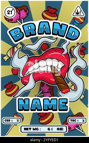 Cartoon Smoking Mouth mit Süßigkeiten und Rauch für Cannabis und Tabak Verpackungsdesign. Vektorabbildungen Stock Vektor