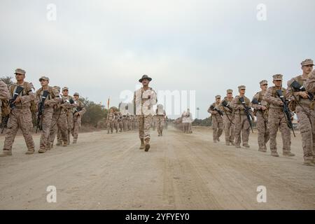 Ein Bohrlehrer des U.S. Marine Corps bei Fox Company, 2nd Recruit Training Battalion, vermittelt Rekruten Wissen während einer zwei Kilometer langen Einführungswanderung im Marine Corps Recruit Depot San Diego, Kalifornien, 10. Oktober 2024. Während des Trainings führen Rekruten eine Reihe von progressiv längeren Wanderungen durch, um sie körperlich und geistig zu konditionieren, um Kampfbereitschaft für alle notwendigen zukünftigen Operationen zu schaffen. (Foto des U.S. Marine Corps von CPL. Sarah M. Grawcock) Stockfoto