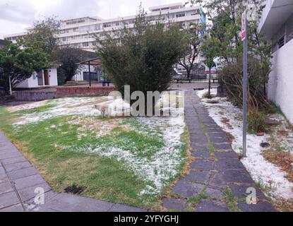 CUENCA REGNET HEUTE NACHMITTAG Cuenca, Ecuador 5. November 2024 nach mehreren Tagen der Sonne und der intensiven Hitze, fiel heute Dienstag Nachmittag ein schwerer Regen in der Stadt Cuenca, nach 115 Tagen der hydrologischen Dürre im Bild der Hagelsturm an der Universität von CUENCA in der medizinischen Fakultät APIFOTO SOI CUENCA LLLLUVIASESTATARDE 6b45088d52573dc74ac824e266axaIF68: Copyright Stockfoto