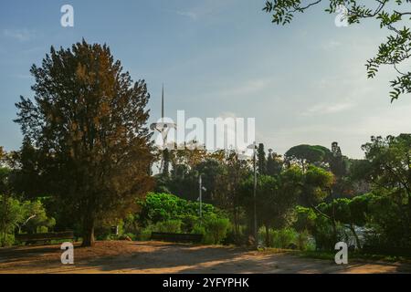 Garten in Montjuic mit dem 136 Meter hohen Montjuic Communications Tower, der für die Olympischen Sommerspiele 1992 gebaut wurde. Barcelona, Katalonien, Spanien Stockfoto