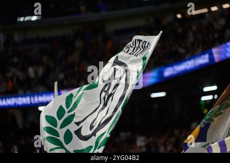 Madrid, Spanien. November 2024. Fans jubeln während des UEFA Champions League-Spiels zwischen Real Madrid und AC Milan am 5. November 2024 im Santiago Bernabeu Stadion in Madrid, Spanien (Foto: © Jack Abuin/ZUMA Press Wire) NUR ZUR REDAKTIONELLEN VERWENDUNG! Nicht für kommerzielle ZWECKE! Stockfoto
