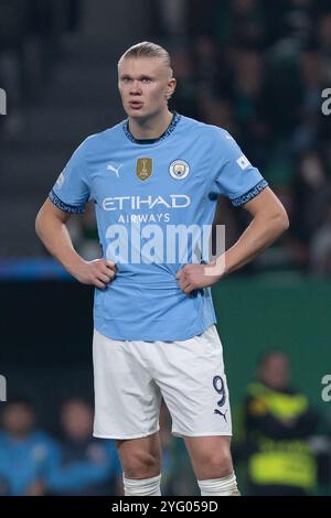 November 2024. Lissabon, Portugal. Manchester City-Stürmer aus Dänemark Erling Haaland (9) im Spiel der Gruppenphase der UEFA Champions League, Sporting gegen Manchester City Credit: Alexandre de Sousa/Alamy Live News Stockfoto