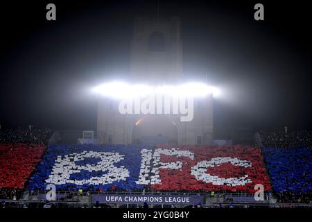 Bologna, Italien. November 2024. Ein Blick auf die Choreografie der Bologna-Fans während des Champions-League-Fußballspiels zwischen Bologna FC und AS Monaco FC im Renato Dall'Ara-Stadion in Bologna (Italien), 5. November 2024. Quelle: Insidefoto di andrea staccioli/Alamy Live News Stockfoto