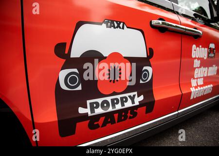 London, Großbritannien. Oktober 2024. Ein Poppy Cab-Logo an der Seite eines Londoner Taxis. Poppy Cabs wurde vor 15 Jahren von Londoner Taxifahrern gegründet und bietet Militärveteranen kostenlose Fahrten an, die am jährlichen Gedenktag-Service im Cenotaph in Westminster, London, teilnehmen. Inspiriert vom Royal British LegionÃ-s Poppy Appeal, bei dem rote Mohnabzeichen gegen Spenden ausgetauscht werden, organisieren sich diese engagierten Taxifahrer im Rahmen der Ã¬Poppy CabsÃ® Initiative. Jedes Jahr bieten Fahrer kostenlose Fahrten für Veteranen von den großen Bahnhöfen in ganz London an, um sie zu sichern Stockfoto