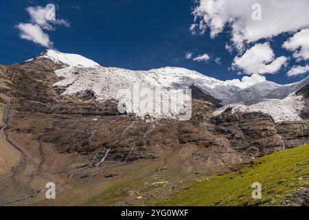 Ein Bild des Karo-la-Gletschers (Berg Noijin Kangsang) aus dem Jahr 2019 in Tibet, der aufgrund der globalen Erwärmung rasch zurückgeht. Stockfoto