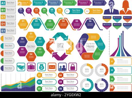 Business-Infografiken, Tags und Symbole werden isoliert auf weißem Hintergrund festgelegt. Vektorabbildung. Stock Vektor