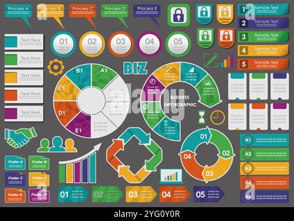 Business-Infografiken, Tags und Symbole werden isoliert auf weißem Hintergrund festgelegt. Vektorabbildung. Stock Vektor