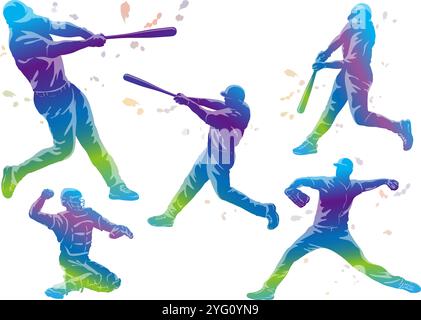 Baseballspieler Bunte Vektor Silhouette Illustration Set isoliert auf Einem weißen Hintergrund. Stock Vektor