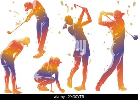 Vektor Golf Spieler Bunte Silhouette Illustration Set isoliert auf Einem weißen Hintergrund. Stock Vektor