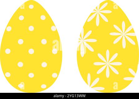 Ostereier mit Blumen- und Punktmuster in trendigem Gelb. 2er-Set mit Ostergrüßen oder Karten Konzept. Isolieren. Vektorillustration Poster, Banner, Broschüre oder Gruß, Preisschild, Etikett, Broschüre. EPS Stock Vektor