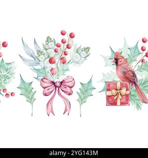 Aquarell nahtlose Grenze - Weihnachtsvogel roter Kardinal, Beeren, Geschenkbox, Weihnachtsstern Blumenstrauß mit stechpalmen-grünen Blättern. Anordnung mit Stock Vektor