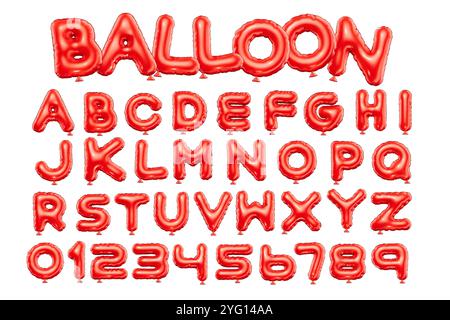 3D-Stilvektor des aufgeblähten Hochglanz-roten Ballon-Alphabets und Zahlen auf weißem Hintergrund Stock Vektor