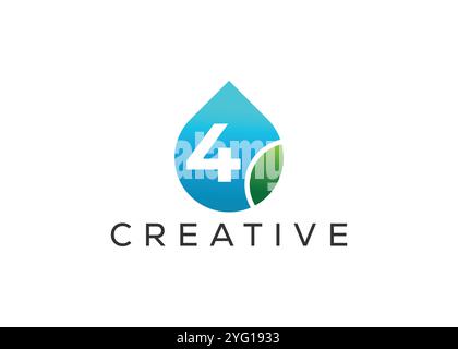 Kreatives und innovatives „Nummer vier“-Design mit „Drop Leaf“-Logo. ECO Drop-Logo. Stock Vektor