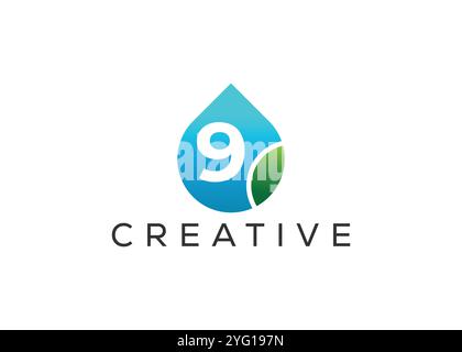 Kreatives und innovatives „Nummer neun“-Logo mit „Drop Leaf“-Logo. ECO Drop-Logo Stock Vektor