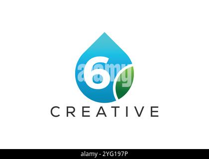 Kreatives und innovatives „Nummer sechs“-Design mit „Drop Leaf“-Logo. ECO Drop-Logo Stock Vektor