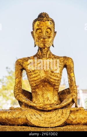 Fantastischer Blick auf die vergoldete Buddha-Statue im Wat Suthat Thepwararam Stockfoto