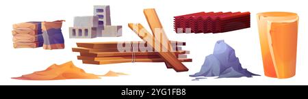 Baumaterialien isoliert auf weißem Hintergrund. Vektor-Karikaturillustration der Baustellenausrüstung, Ziegelpfahl, Zementsäcke, Holzbretter, Dachschiefer und Isolierung, Hausrenovierung Stock Vektor