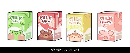 Milchgetränk-Boxen im Kawaii-Stil, isoliert auf weißem Hintergrund. Zeitgenössische Vektor-Karikaturillustration des Frucht-Milchgetränks in Kartonverpackungen mit niedlichen Tierzeichen, süßen japanischen Cocktail Stock Vektor