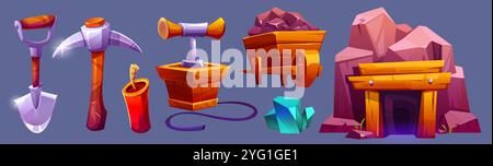 Kohleberginen-Eingang und Bergbauausrüstung isoliert auf dem Hintergrund. Vektor-Zeichentrickillustration von eiserner Schaufel und Spitzhacke, Dynamit-Sicherungskasten, Karre voller Kohle, Bergdungeon Ausgang, smaragdgrüner Kristall Stock Vektor