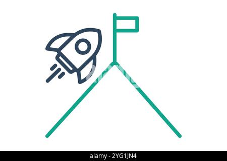Missionssymbol. Liniensymbolstil. Rakete mit Berg und Flagge. Symbol für Motivation. Vektorillustration für Erfolgselemente Stock Vektor