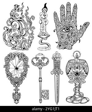 Handgezeichnetes Design-Set mit gravierten mystischen und gotischen Objekten - Spiegel, Schlüssel, Kerze, Tasse, gruselige Hand, Schwert. Handgezeichnete Vektorgrafiken f Stock Vektor
