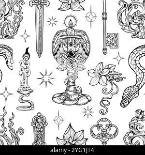 Nahtloses Vektormuster mit gravierten mystischen und gotischen Objekten - Tasse, Kerze, rituelles Schwert auf weiß. Halloween-Hintergrund mit esoterischen und okkulten s Stock Vektor