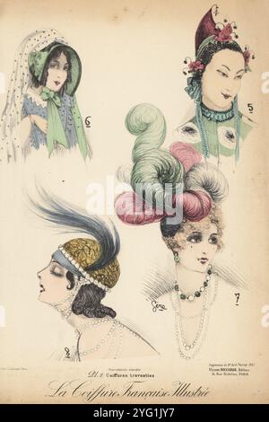 Fancy Dress Frisuren, PL. 2. Frau in chinesischem Hut und Kostüm 5, Frau in Mütze und Tuchtuch 6, Frau in Straußengeflecht 7, Frau in goldener Mütze mit Perlenriemen und Feder 8. Coiffures Travesties. Chromolithographie von Sire von La Coiffure Illustrée, französisches Friseurmagazin herausgegeben von Ulysse Boucoiran, 33 rue de Mail, Paris, Februar 1921. Stockfoto