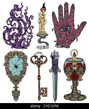 Handgezeichnetes Design-Set mit bunten gravierten mystischen und gotischen Objekten - Spiegel, Schlüssel, Kerze, Tasse, gruselige Hand, Schwert. Handgezeichnete Vektorabbildungen Stock Vektor