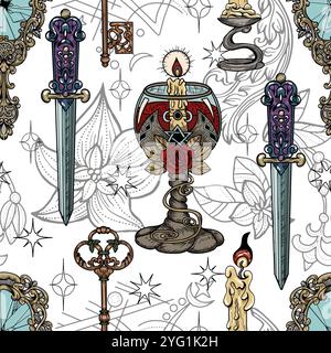 Nahtloses Vektormuster mit bunten gravierten mystischen und gotischen Objekten - Tasse, rituelles Messer, Schlüssel, gebrochener Spiegel. Halloween Hintergrund mit esoterischen Stock Vektor