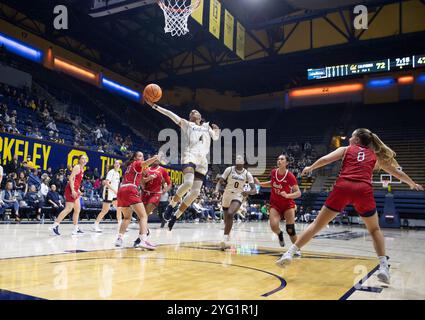 4. November 2024 Berkeley CA U.S.A. die kalifornische Garde Kayla Williams (4) fährt während des NCAA/ACC Women's Basketball Spiels zwischen Saint Mary's Gaels und California Golden Bears zum Basketball. Kalifornien besiegt Saint Mary's 90-58 im Haas Pavilion Berkeley Kalifornien Thurman James/CSM Stockfoto