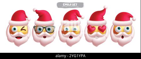 Emoji santa claus weihnachtsfiguren Vektor Set. Emojis santa claus Xmas Emoticons in zwinkerndem, cool, schockiert, verliebt und besorgt im Gesichtsausdruck Stock Vektor