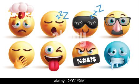 Emoji Emoticon Zeichen Vektorsatz. Emojis explodieren, müde, schläfrig, alter Mann, Gähnen, frecher, verrückter und kalter 3D Emoticons Charakter in weiß Stock Vektor