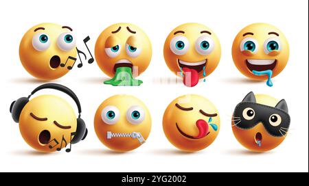 Emoji Emoticon Zeichen Vektorsatz. Emojis singen, Erbrechen, hungern, durstig, hören Musik, Quiet, Begehren und Rest Yellow Emoticons Kollektion Stock Vektor