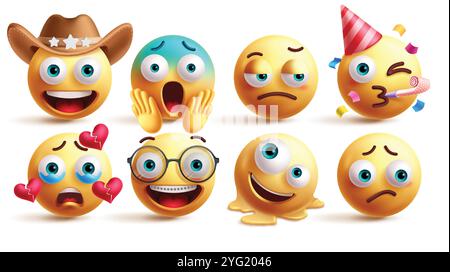 Emoji Emoticon Zeichen Vektorsatz. Emojis Cowboy, schockiert, Stress, Geburtstagsklown, gebrochenes Herz, Nerd-, Schmelz- und traurige Gesichtsausdrucksgrafik Stock Vektor