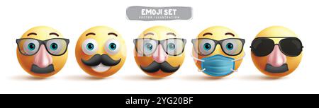 Emoji alter Mann Emoticon Charaktere Vektor Set. Emojis verkleiden Maskottchen mit Schnurrbart, Sonnenbrille und Gesichtsmaske für grafische Elemente Stock Vektor