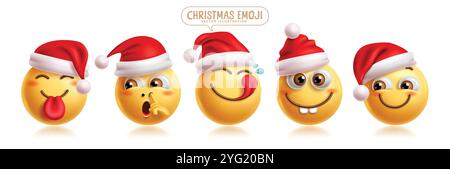 Emoji weihnachten Emoticon Charaktere Vektor Set. Emoticons weihnachtsmann Charakter in frecher, gelangweilter, uninteressierter, verspielter und glücklicher Gesichtsausdruck Stock Vektor