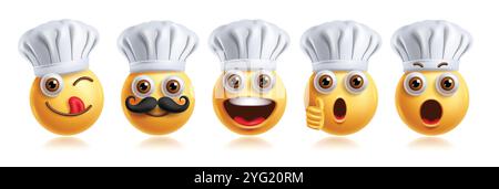 Emoji Chef Charakter Emoticon Vektor Set. Emoticons kochen Charakter in lecken, glücklich, genehmigt, schockiert, staunend und lächelnd Gesichtsausdruck tragen Stock Vektor