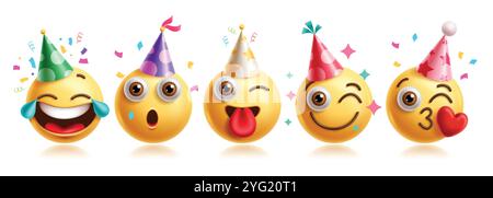 Emojis Geburtstag Emoticon Charaktere Vektor Set. Emoticons Geburtstagsfigur in fröhlicher, verspielter, frecher, lustiger, lächelnder und küssender Partyhut 3D Stock Vektor