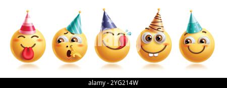 Emojis Geburtstag Emoticon Charaktere Vektor Set. Emoticons Geburtstagsfigur in glücklich, frech, albern, gelangweilt, lecken, lächelnd und aufgeregt tragen Stock Vektor