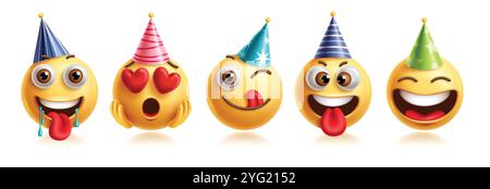 Emojis Emoticon Geburtstagsfiguren Vektor Set. Emoticons Geburtstagsfigur in Hungry, verliebt, lecken, lachen, glücklich, lächelnde und aufgeregte Gesichtsmaske Stock Vektor