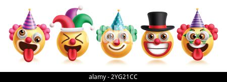 Emojis Clowns Geburtstagsfiguren Vektor Set. Emoticons Clowns Charakter in fröhlichem, lustigem, albernem, frechem, lächelndem und überraschendem Gesichtsausdruck Stock Vektor