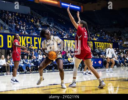 4. November 2024 Berkeley CA U.S.A. der kalifornische Stürmer Ugonne Onyiah (0) geht während des NCAA/ACC Women's Basketball Spiels zwischen Saint Mary's Gaels und California Golden Bears zum Basketball. Kalifornien besiegt Saint Mary's 90-58 im Haas Pavilion Berkeley Kalifornien Thurman James/CSM Stockfoto