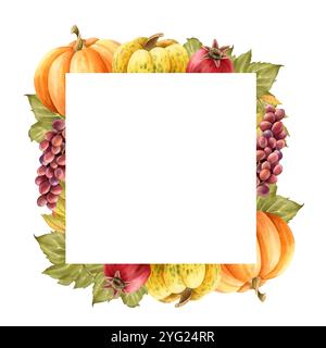 Quadratischer Rahmen mit Wasserfarben im Fall von Kürbis. Illustration reifer Gemüse- und Obsternte mit Trauben und Granatapfel Stockfoto